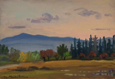 Nerantza, After Rain at Sunset — Oil painting, Fiberboard, 35.00×50.00cm — Theodoros Markellos